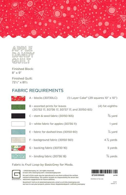 Apple Dandy Quilt Pattern by BasicGrey BGPAT068, Layer Cake Friendly Apple Themed Quilt Pattern, Fall Themed Quilt Pattern
