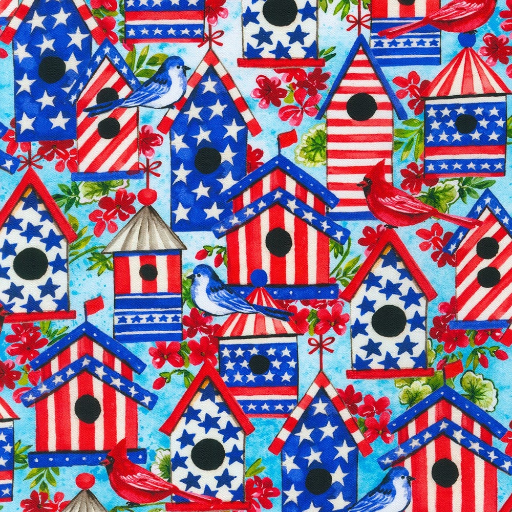 Independence Day Americana Birdhouses Fabric - Robert Kaufman AHVD22300202, Patriotic Bird Houses Americana Fabric by the Yard
