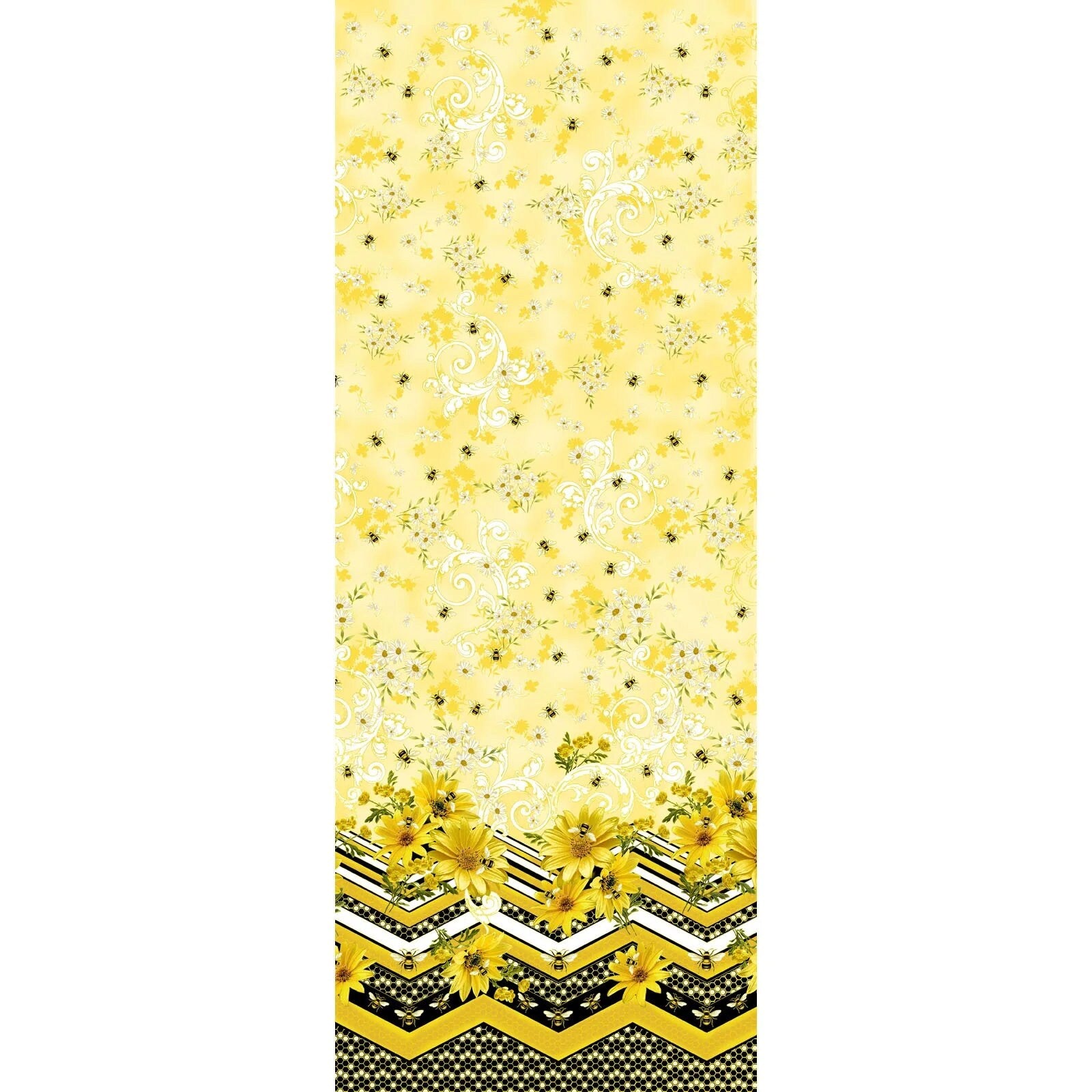 Buzzworthy Repeating Border Metallic Fabric - Benartex Kanvas 9973M-33, Yellow Floral Border Fabric By the Yard