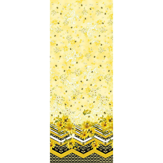 Buzzworthy Repeating Border Metallic Fabric - Benartex Kanvas 9973M-33, Yellow Floral Border Fabric By the Yard