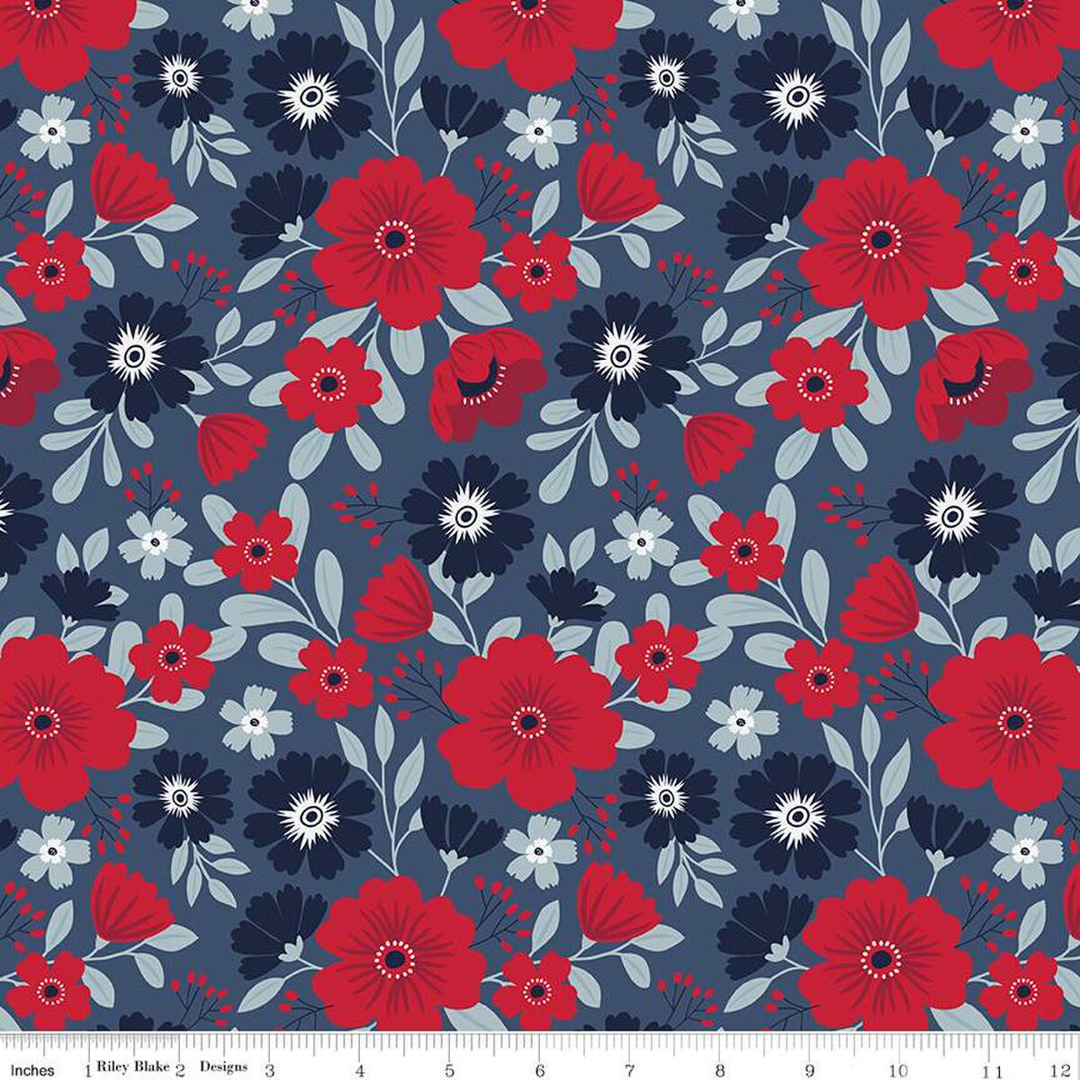 American Beauty Navy Floral Fabric - Riley Blake Designs C14440-NAVY, Blue Patriotic Floral Fabric, Red White Blue Floral Fabric By the Yard