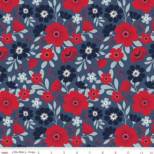 American Beauty Navy Floral Fabric - Riley Blake Designs C14440-NAVY, Blue Patriotic Floral Fabric, Red White Blue Floral Fabric By the Yard