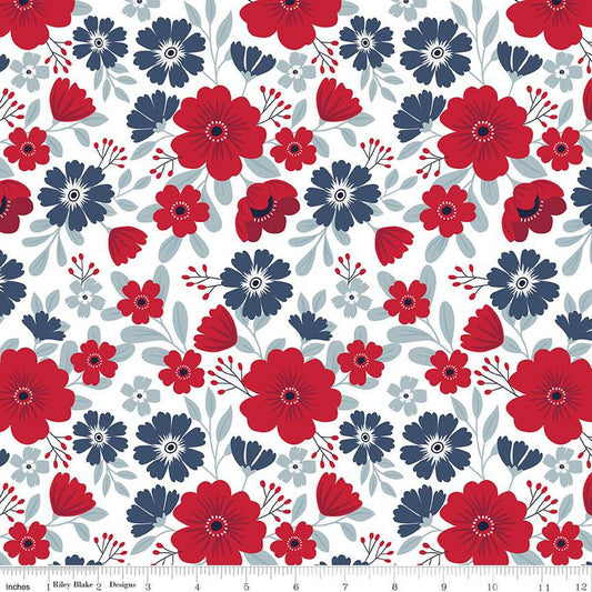 American Beauty White Floral Fabric - Riley Blake Designs C14440-WHITE, Patriotic Floral Fabric, Red White Blue Floral Fabric By the Yard