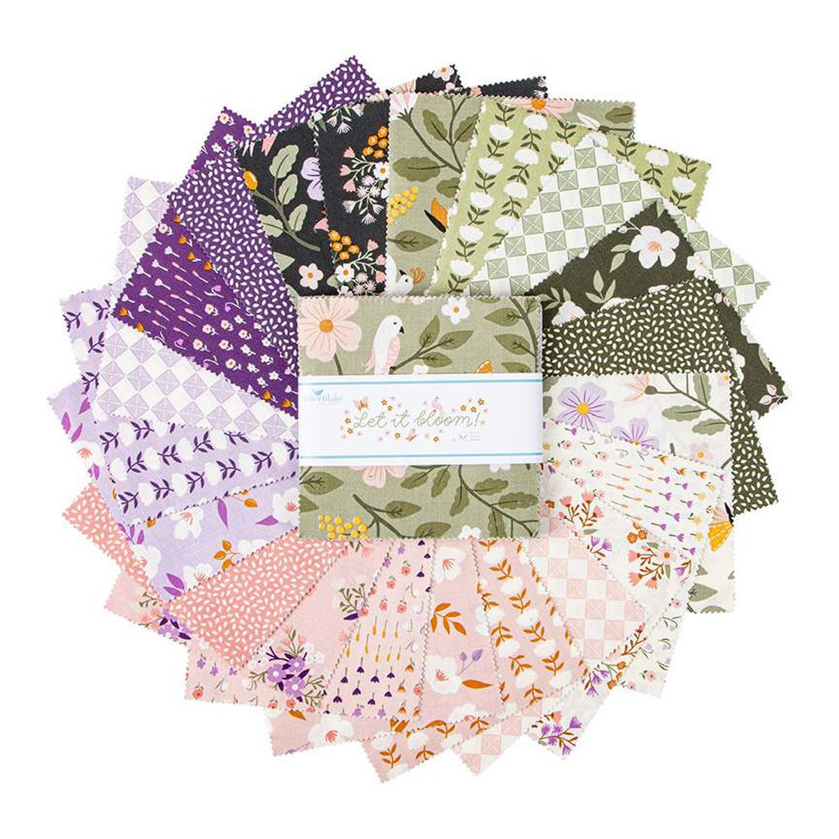 Let it Bloom 5" Stacker Charm Pack - Riley Blake Designs 5-14280-42, 42 - 5 X 5 Fabric Squares, Green Purple Pink Floral Themed Charm Pack