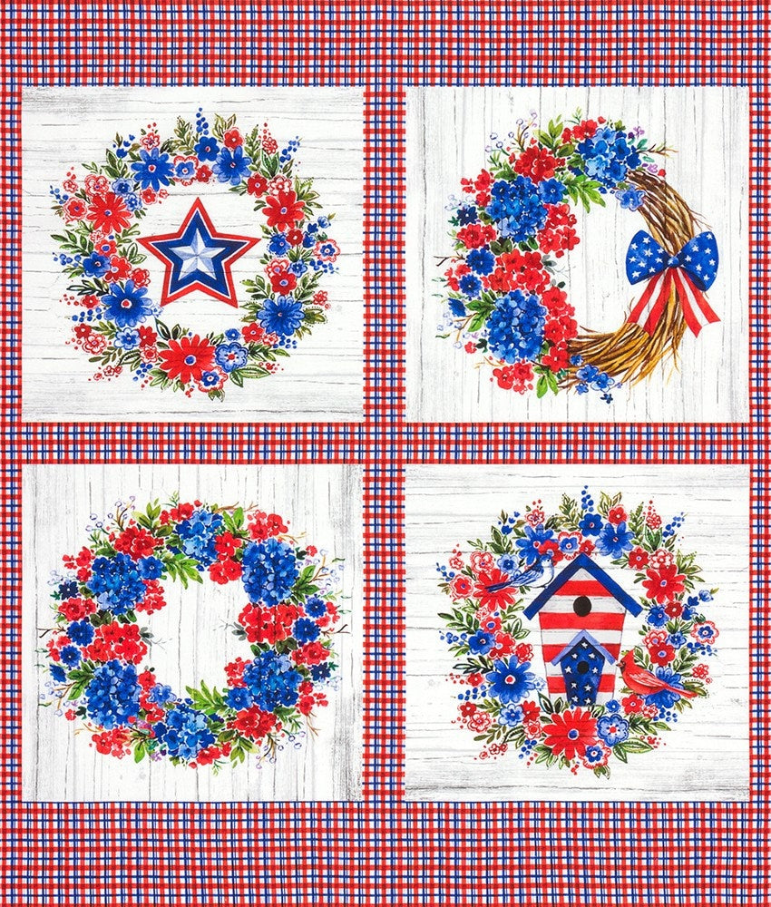 Independence Day Americana Wreaths Fabric Panel - Robert Kaufman AHVD22299202, Patriotic Wreaths Fabric Panel Measures 38" X 44"
