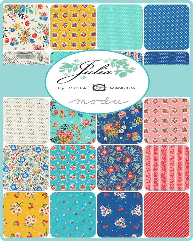 Julia Charm Pack - Moda 11920PP, 42 5" Fabric Squares, Floral Charm Pack, Modern Floral Charm Pack, Aqua Yellow Blue Charm