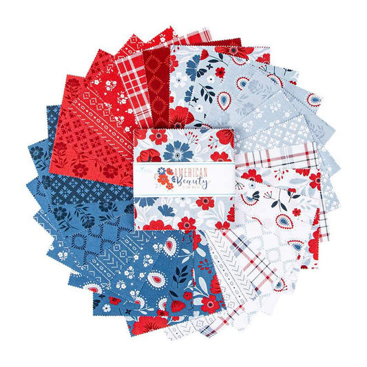 American Beauty 5" Stacker Charm Pack - Riley Blake Designs 5-14440-42, Patriotic Floral Charm Pack, Red White & Blue Fabric Charm Pack
